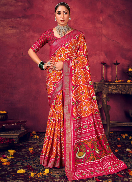 Orange & Pink Velvet Tussar Silk Saree With Diamond Work
