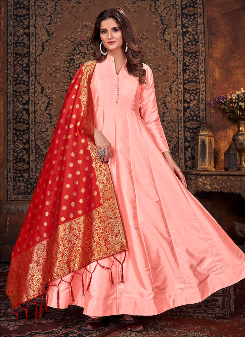 Peach Art Silk Anarkali Suit