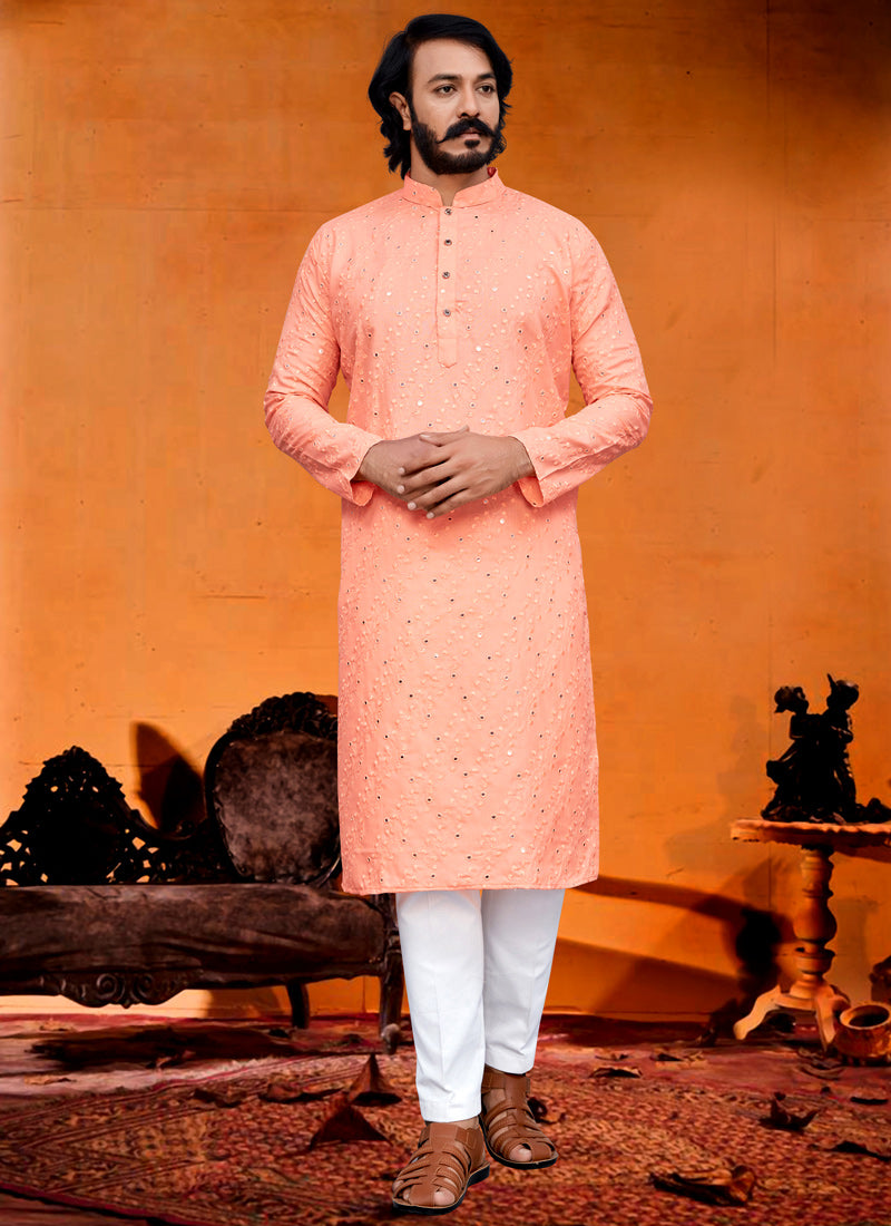 Peach  Silk Embroidered Men's Kurta Pajama