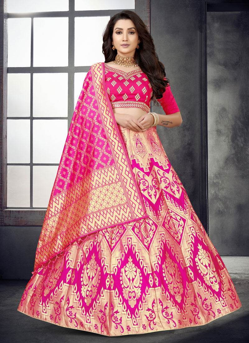 Pink Banarasi Lehenga Choli With Beautiful Mirror Work