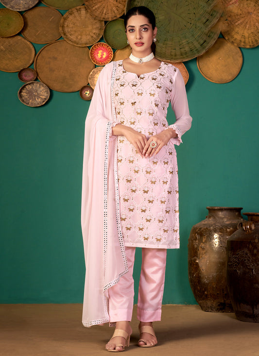 Light Pink Faux Georgette Salwar Kameez With Sequence ,Thread & Jari Embroidery Work