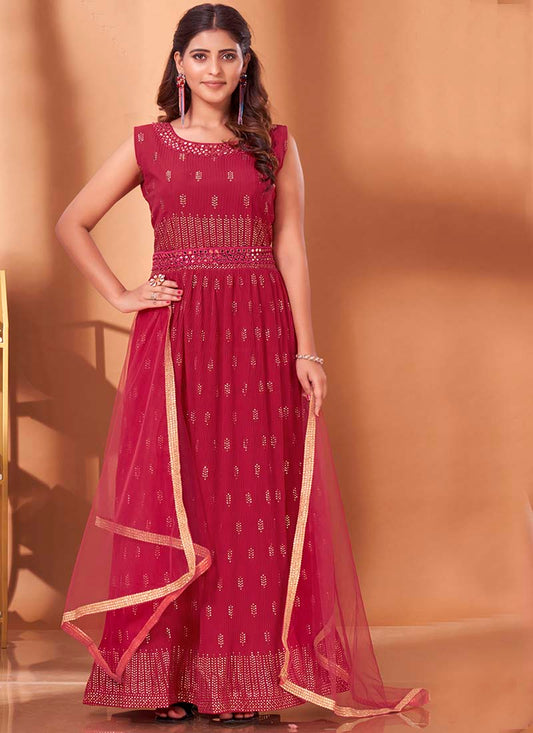 Pink Georgette Anarkali Suit With Mirror Work