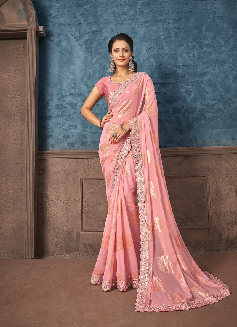 Pink Georgette Saree With Zari & Print work