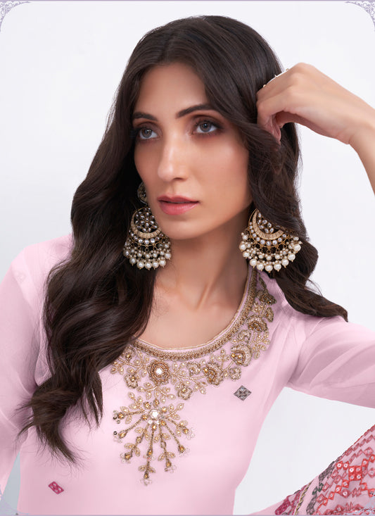 Pink Georgette Sharara Suit With Embroidery & Sequins Work