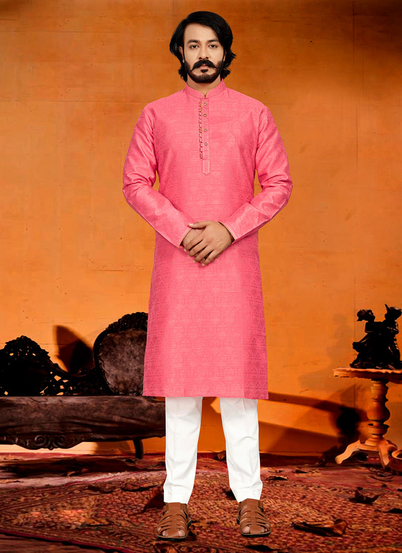 Pink Jacquard Men's Kurta Pajama