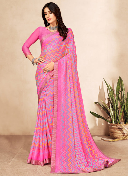Pink Printed Leheriya Chiffon Saree