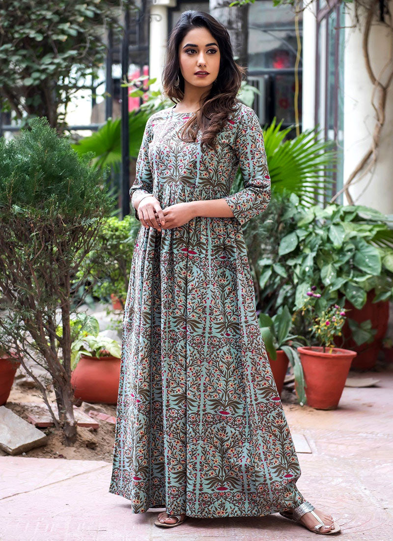 Pista Green Muslin Indo Western Gown With Digital Print