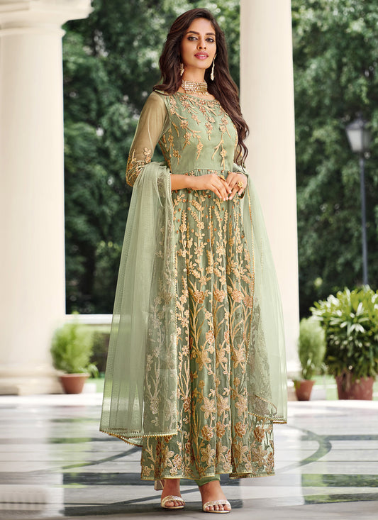 Pista Green Pure Net Anarkali Salwar Kameez with Heavy Embroidery & Sequins Work