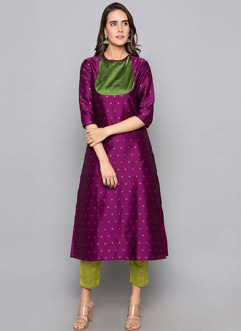 Purple Art Silk Kurti with Pant