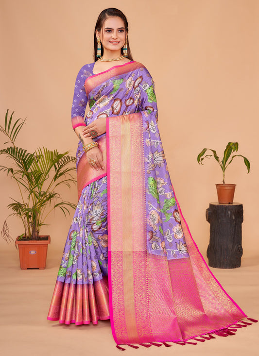 Purple & Pink Silk Saree With Digital Print Work