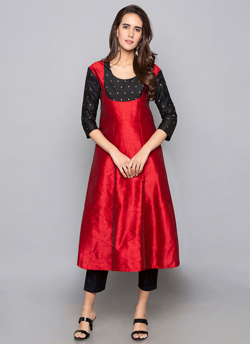 Red Art Silk Kurti with Pant