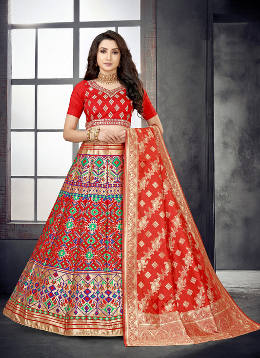 Banarasi Silk Party Wear Lehenga in Orange with Resham work