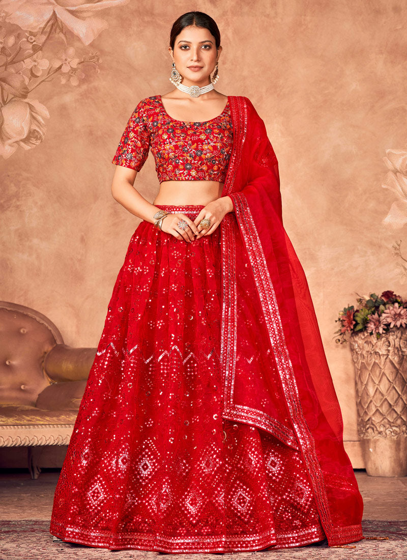 Red Organza Lehenga Choli with Sequins Embroidered Work