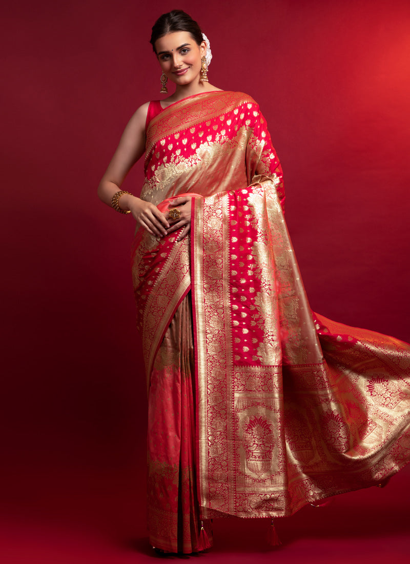 Red Silk Saree With Weaving Zare Tar & Thread