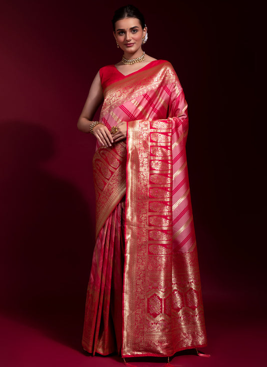 Red Silk Saree With Zari & Thread Work
