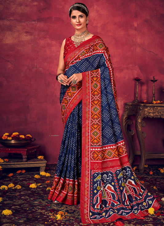 Red & Blue Velvet Tussar Silk Saree With Diamond Work