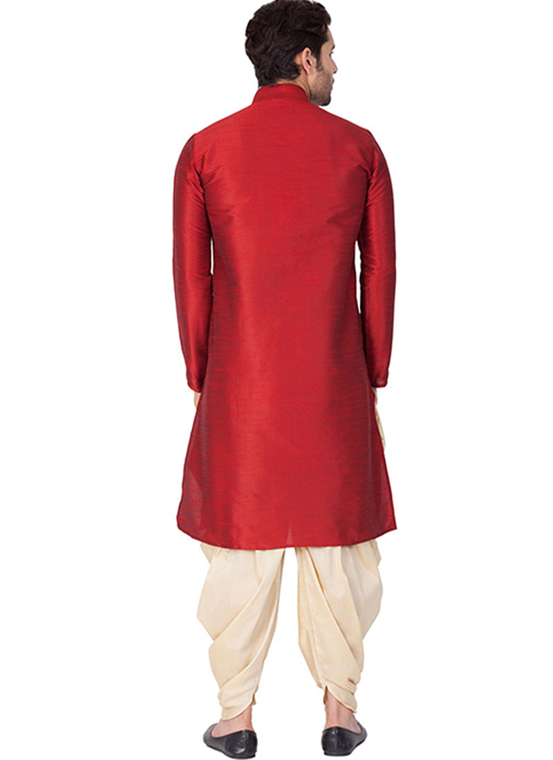 Red & Cream Silk Kurta with Dhoti