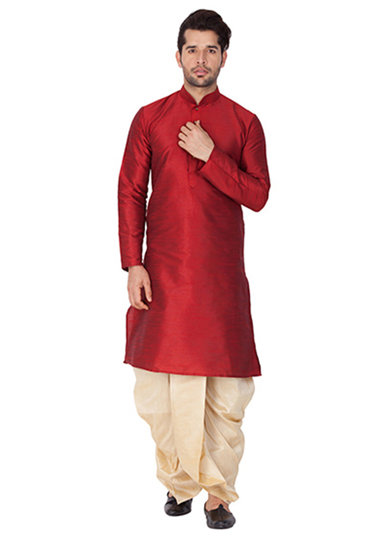 Red & Cream Silk Kurta with Dhoti