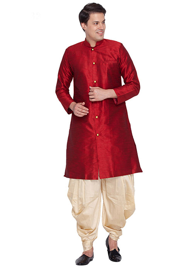 Red & Cream Silk Kurta with Dhoti