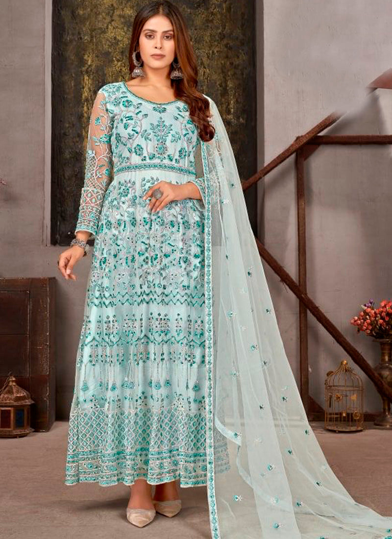 Aqua Green Anarkali Suit With Sequence Embroidery And Diamonds Work