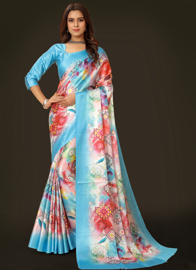 Sky Blue Satin Digital Print Saree