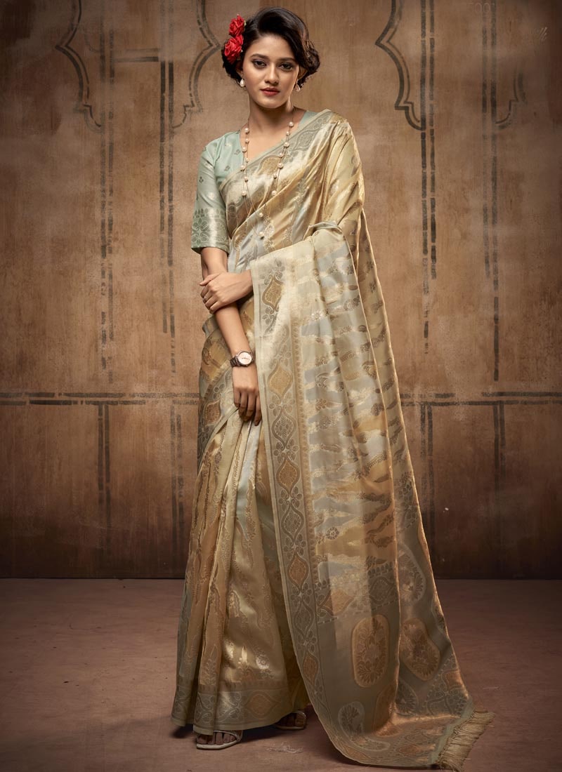 Golden Organza Saree with Zari Weaving