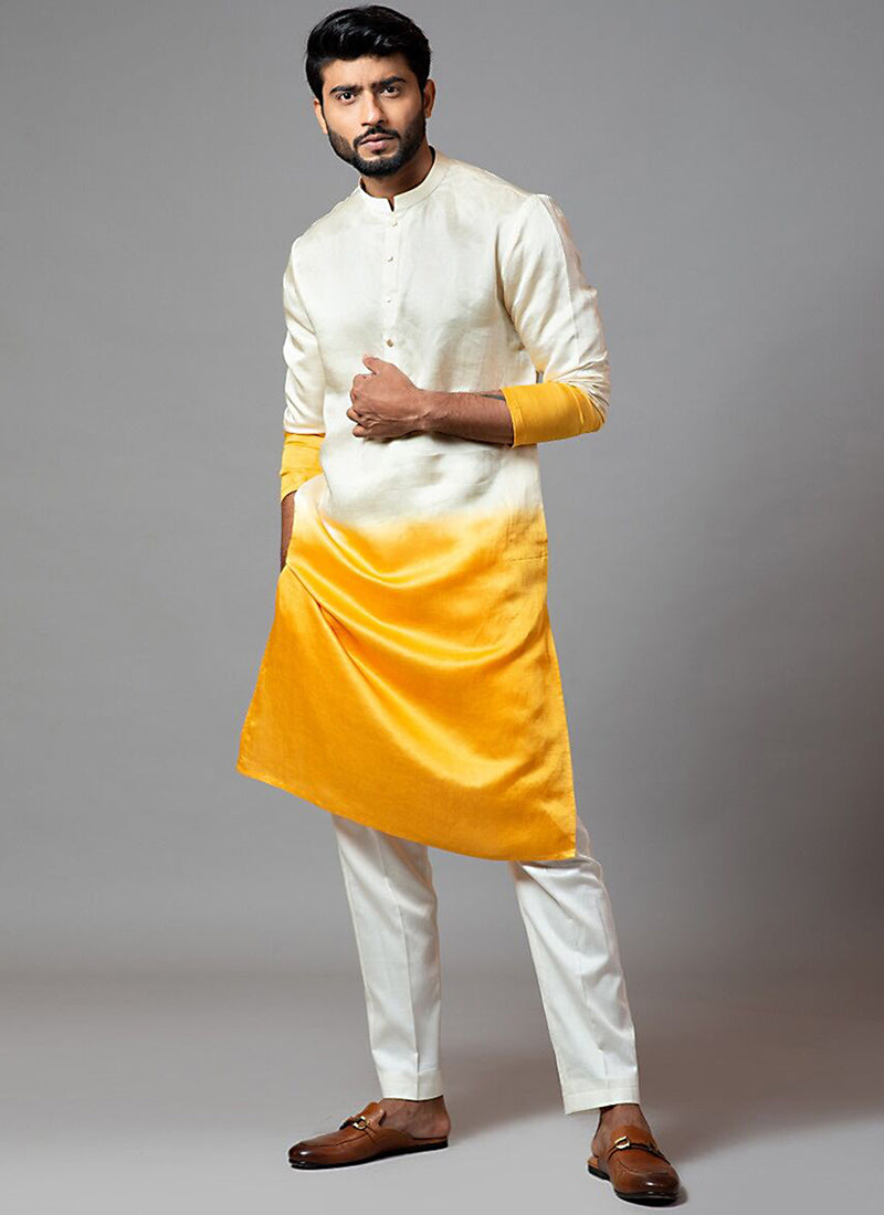 White & Yellow Rayon Printed Kurta