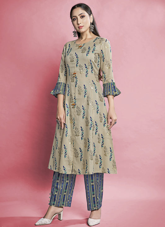 Beige Cotton Printed Long Kurti