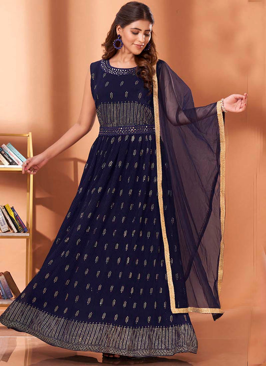 Navy Blue Georgette Anarkali Suit With Mirror Work