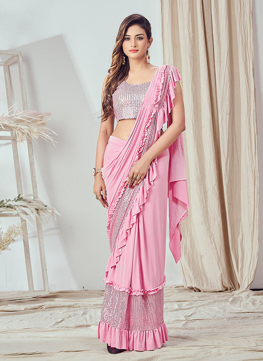 Pink Ready Made Party Wear Saree with Sequins Work