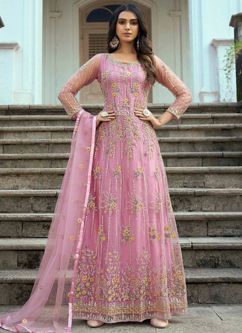 Pink Net Embordered Anarkali Suit