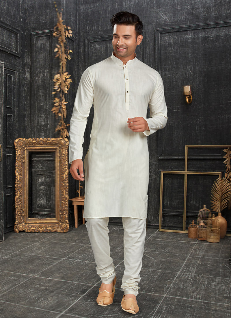 White Cotton Men's Kurta Pajama