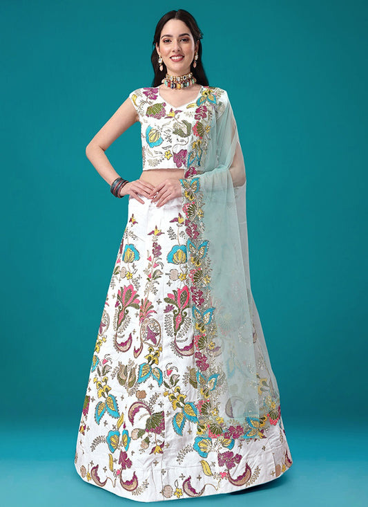 White Satin Silk Lehenga Choli with Embroidery & Sequins work