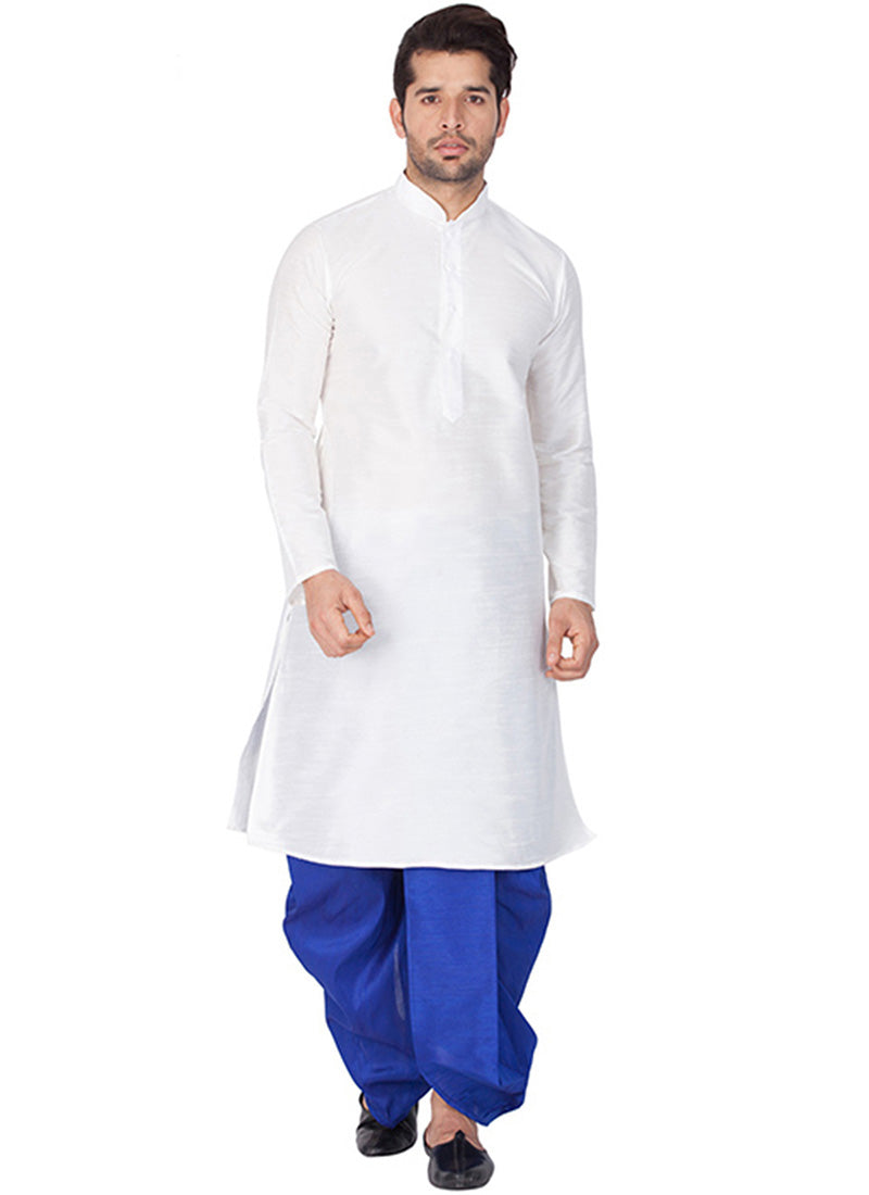 White & Blue Silk Kurta with Dhoti