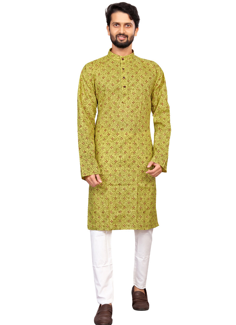 White & Green Printed Men's Kurta Pajama