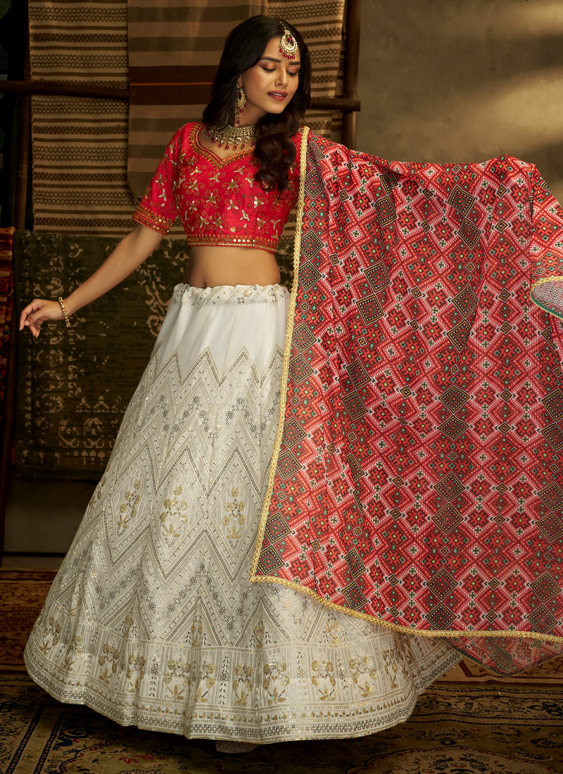 White & Red Georgette Net Lehenga Coli With Thread, Sequins & Print Work