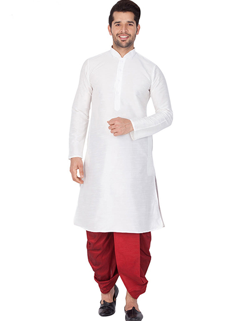 White & Red Silk Kurta with Dhoti