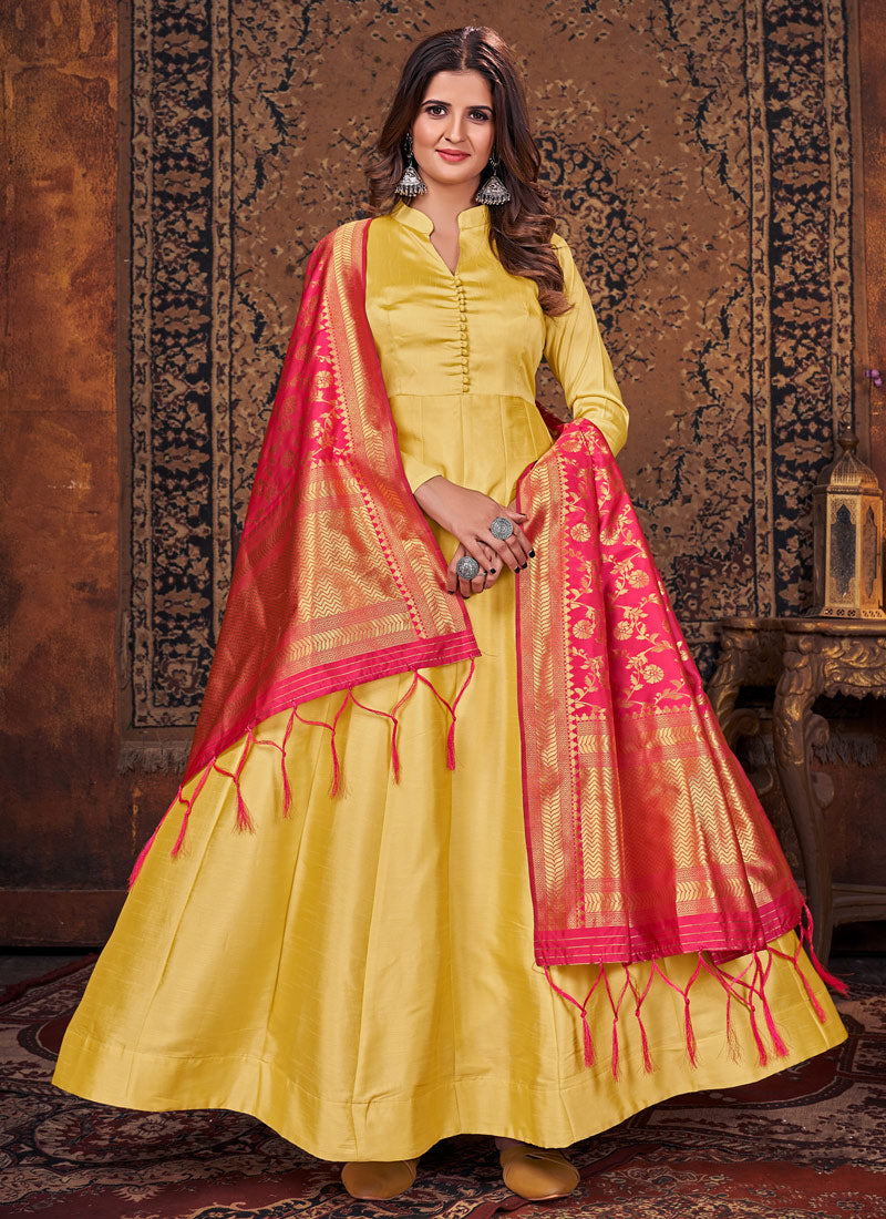 Yellow Art Silk Anarkali Suit