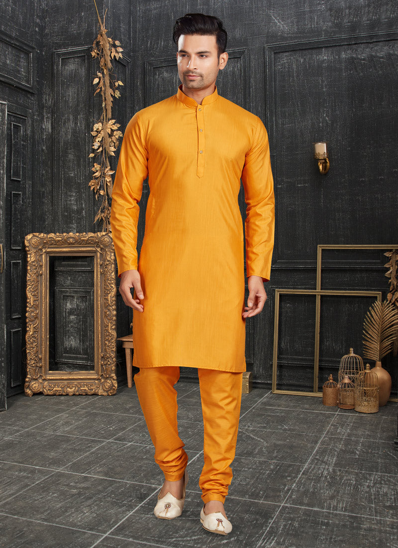 Yellow Cotton Men's Kurta Pajama