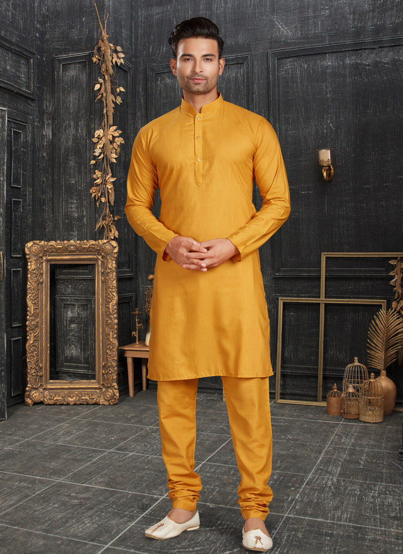 Yellow Cotton Men's Kurta Pajama