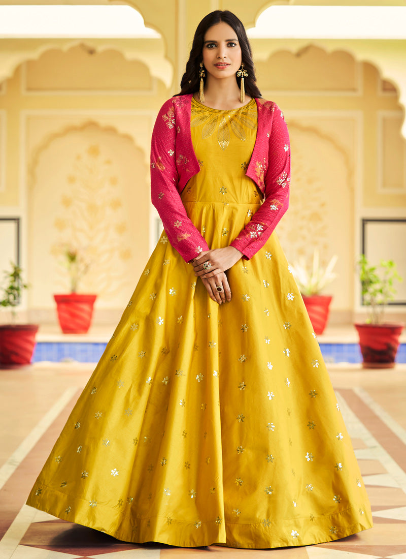 Yellow Sequince Embroidered Work Anarkali Gown