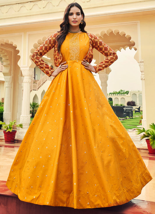 Yellow Sequince Embroidered Work Anarkali Gown