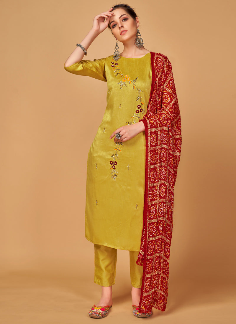 Yellow Silk Pant Style Salwar Suit