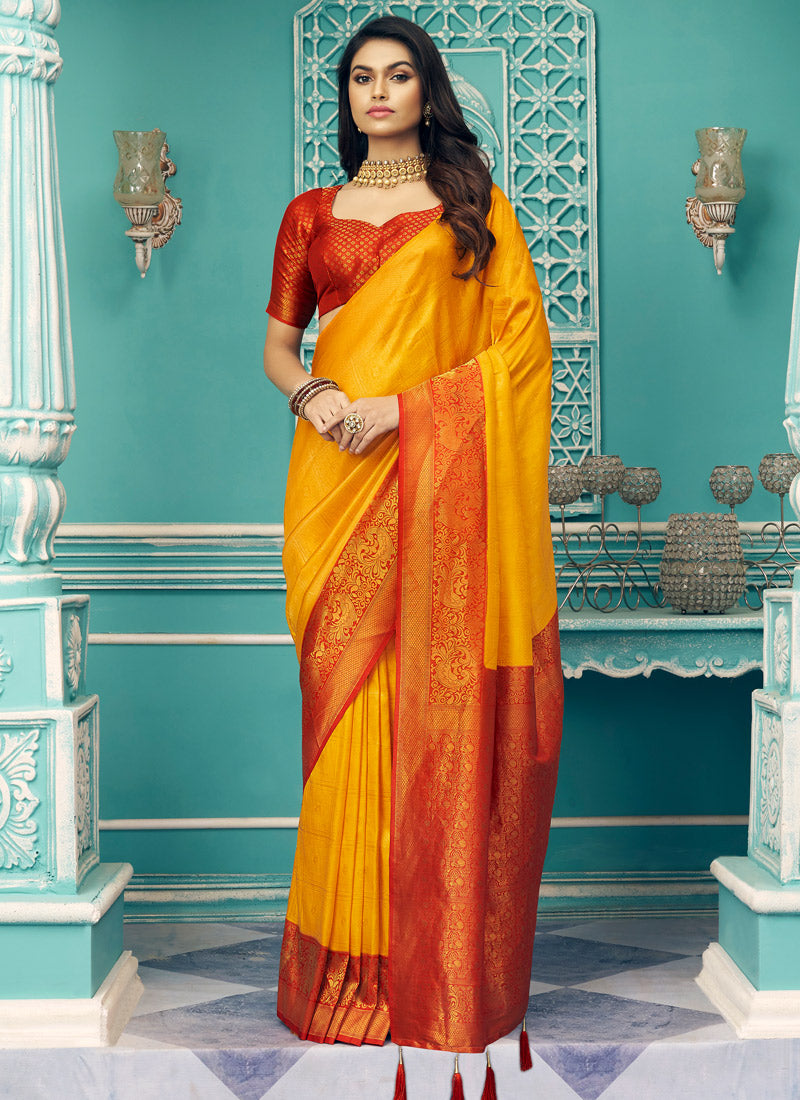 Kajal in Mustard Yellow Pattu Saree - Saree Blouse Patterns