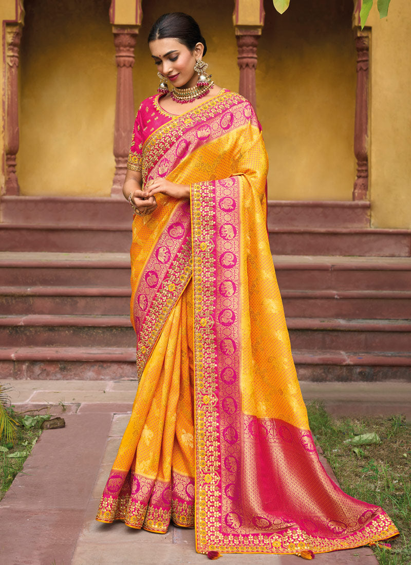 Yellow Viscose Saree with Embroidery Border