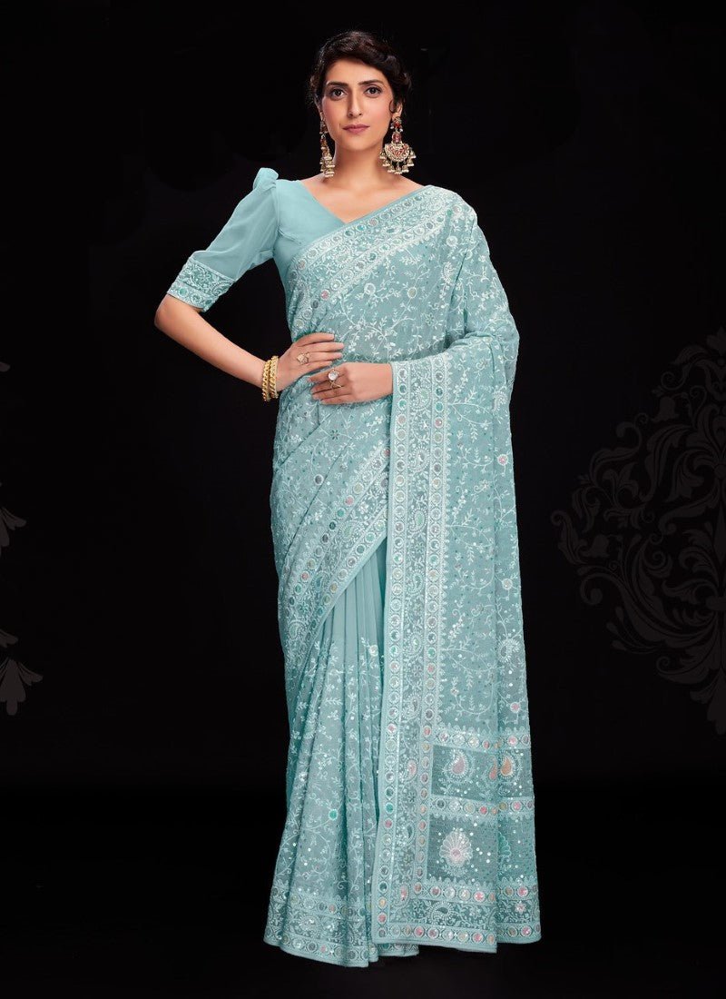 Sold Beautiful Lucknowi Aqua Green Silk Saree | Stylebypanaash