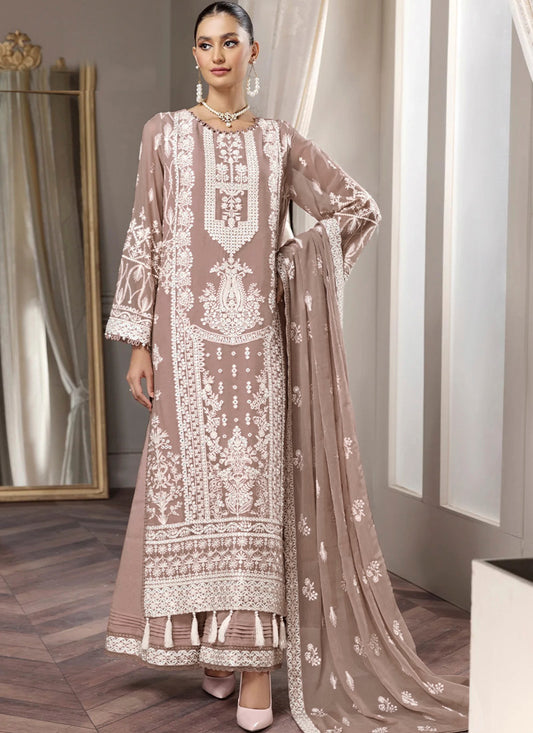 Light Brown Pakistani Style Palazzo Suit with Embroidery & Mirror Work