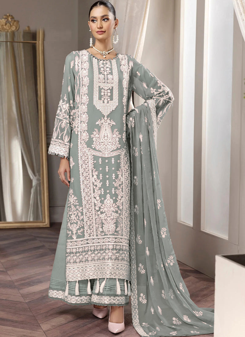 Light Green Pakistani Style Palazzo Suit with Embroidery & Mirror Work